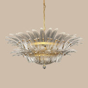 Lampadario in vetro di Murano trasparente a palmette a due piani | struttura dorata