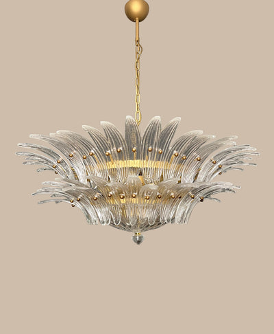 Lampadario in vetro di Murano trasparente a palmette a due piani | struttura dorata