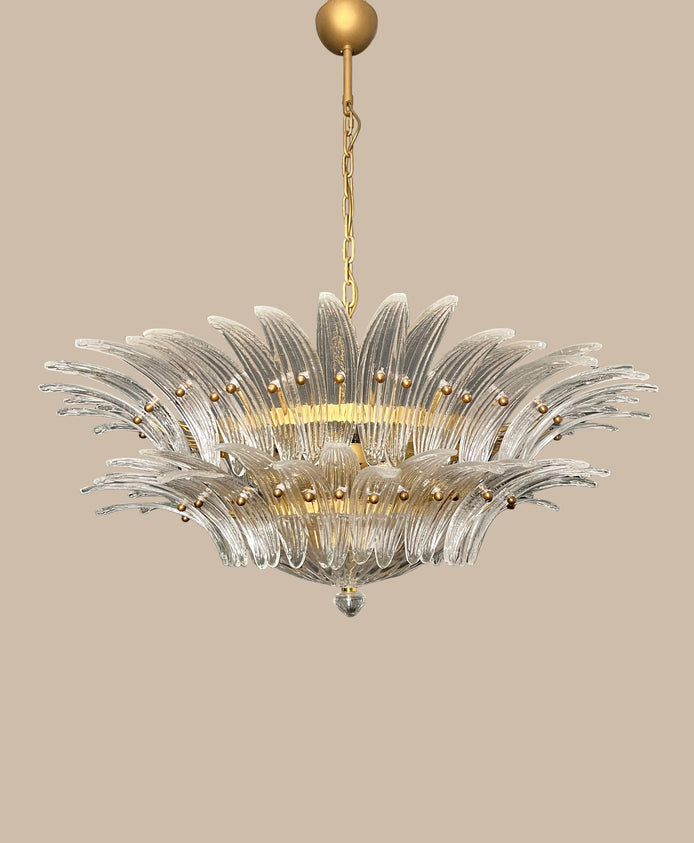 Lampadario in vetro di Murano trasparente a palmette a due piani | struttura dorata
