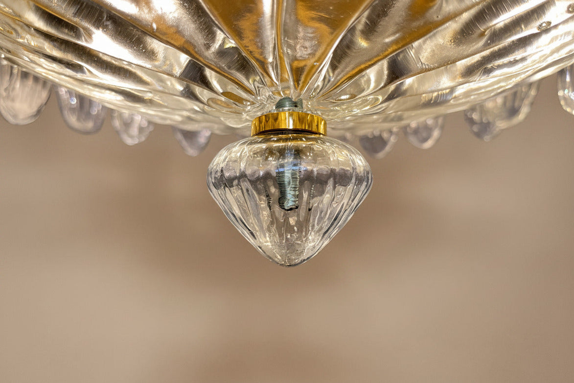 Lampadario in vetro di Murano trasparente a palmette a due piani | struttura dorata