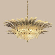 Lampadario in vetro di Murano trasparente a palmette a due piani | struttura dorata