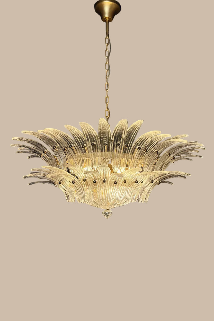 Lampadario in vetro di Murano trasparente a palmette a due piani | struttura dorata