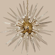 Lampadario Sputnik in Vetro di Murano Soffiato a Mano, 51 Punte Trasparenti, Struttura in Ottone