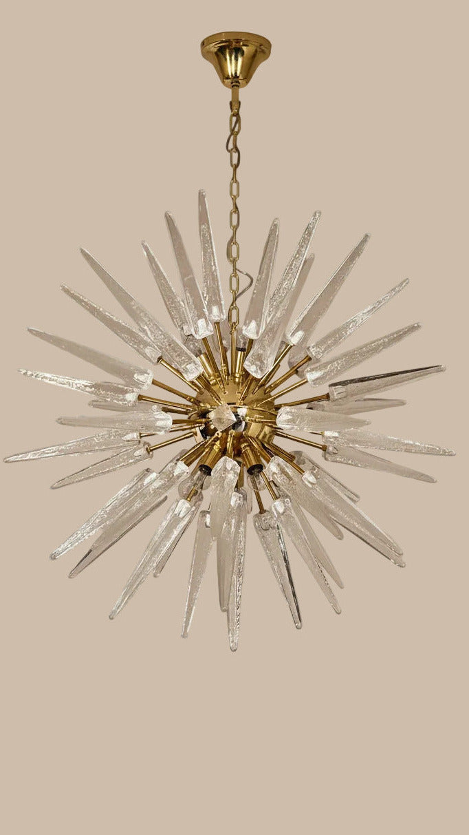Lampadario Sputnik in Vetro di Murano Soffiato a Mano, 51 Punte Trasparenti, Struttura in Ottone