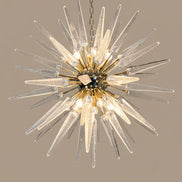 Lampadario Sputnik in Vetro di Murano Soffiato a Mano, 51 Punte Trasparenti, Struttura in Ottone