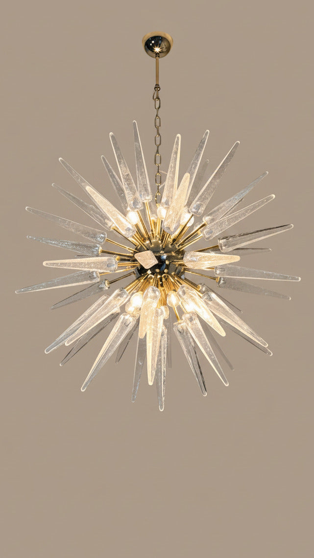 Lampadario Sputnik in Vetro di Murano Soffiato a Mano, 51 Punte Trasparenti, Struttura in Ottone
