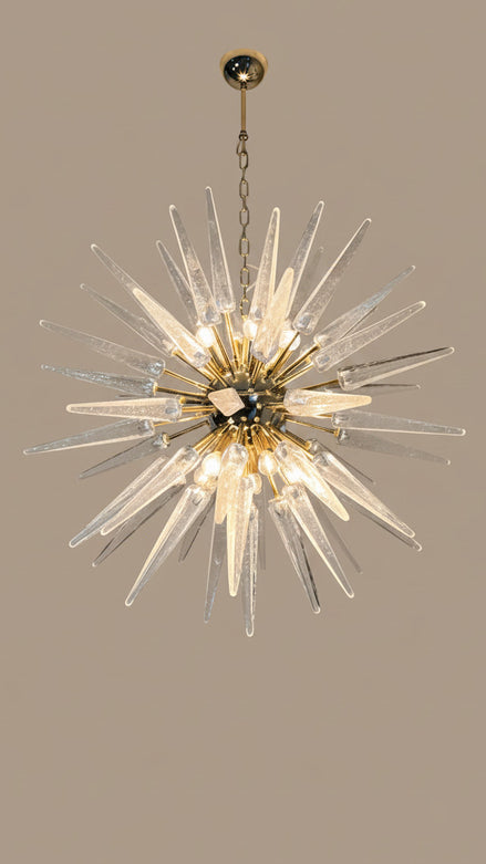 Hand-Blown Murano Glass Sputnik Chandelier, 51 Clear Tips, Brass Frame