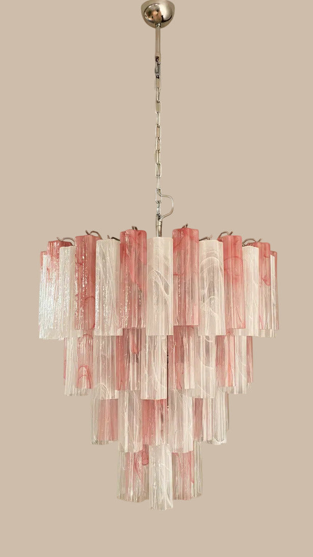 Pink and white alabaster Murano glass chandelier on 4 tiers