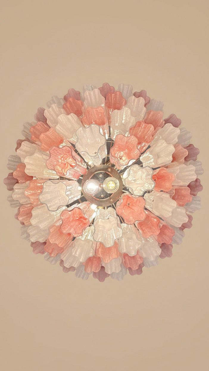 Pink and white alabaster Murano glass chandelier on 4 tiers