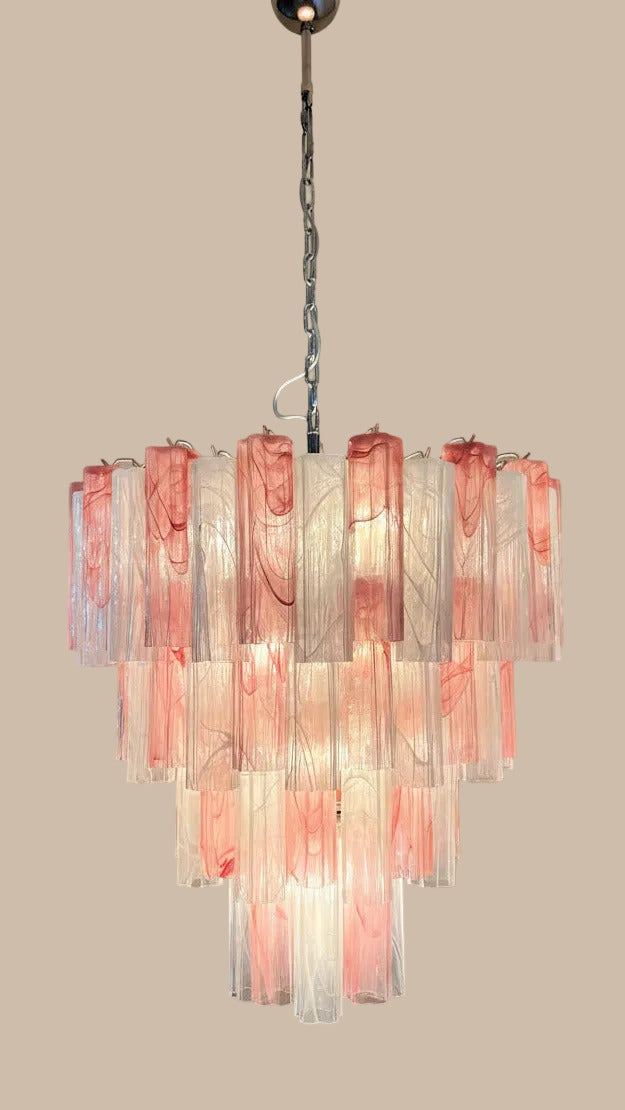 Pink and white alabaster Murano glass chandelier on 4 tiers