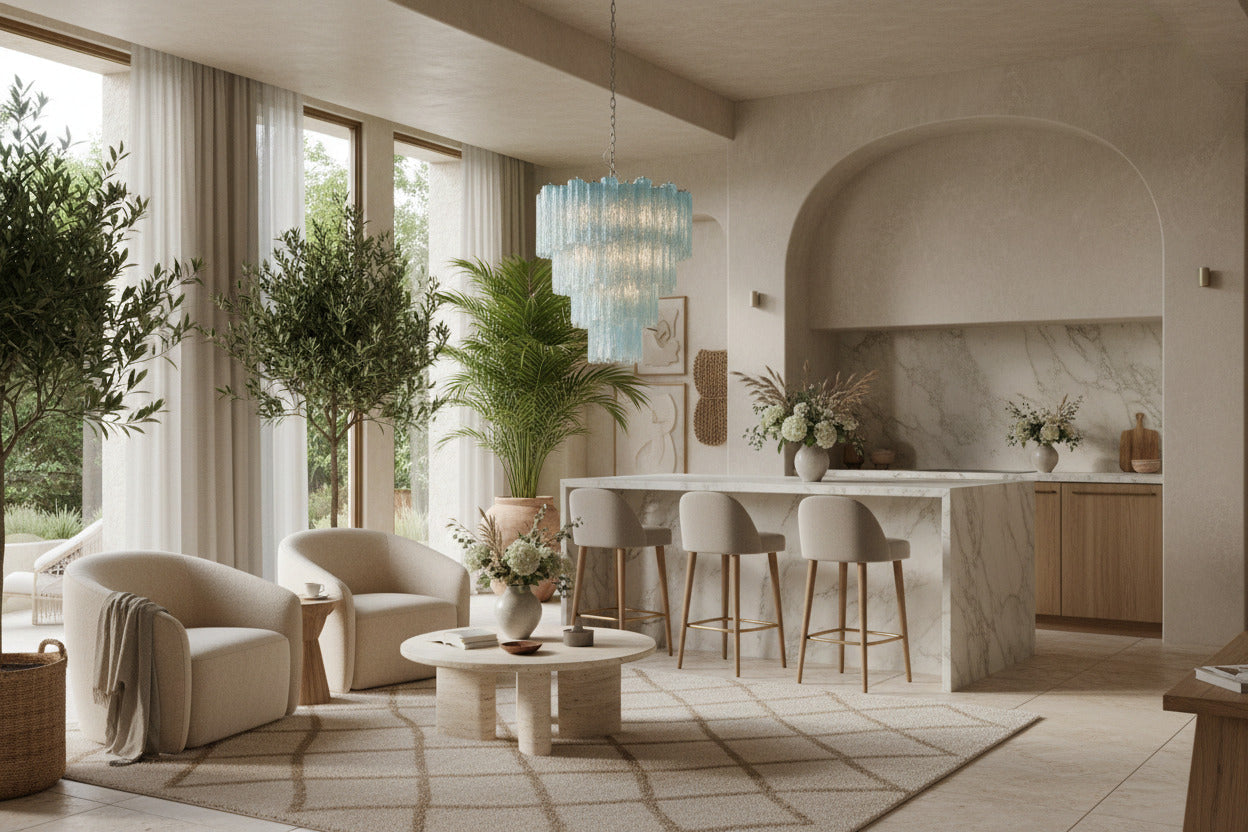 Lampadario in vetro di Murano blu alabastro a quattro livelli | struttura in nichel lucido