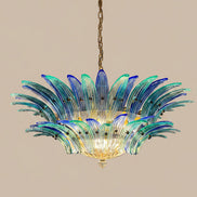 Lampadario in Vetro di Murano Palmetta Blu e Turchese | 82 elementi soffiati a mano, due livelli, struttura dorata