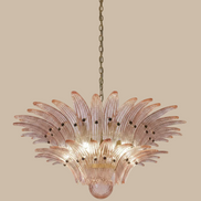 Lampadario in vetro di Murano ambra con palmette | 58 elementi soffiati a mano