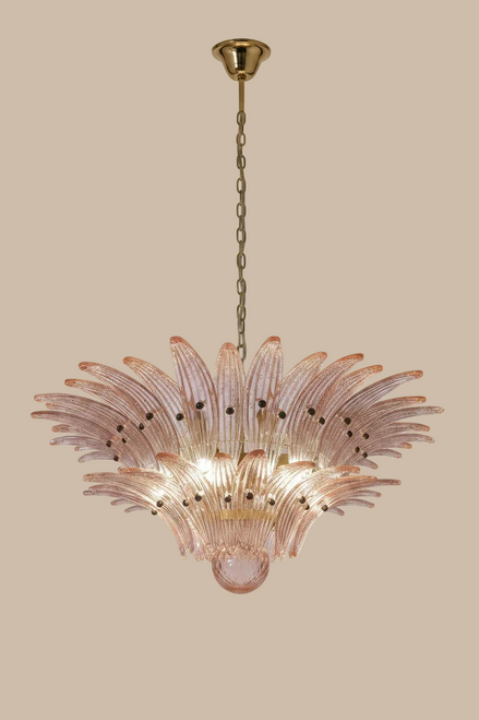 Lampadario in vetro di Murano ambra con palmette | 58 elementi soffiati a mano