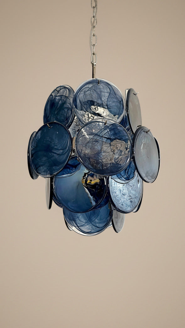 Slate Blue Alabaster Murano Glass Chandelier | 24 discs, in the manner of Vistosi, nickel frame