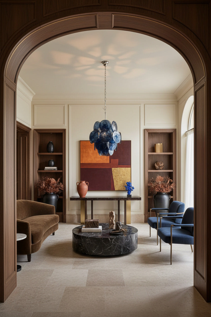 Slate Blue Alabaster Murano Glass Chandelier | 24 discs, in the manner of Vistosi, nickel frame