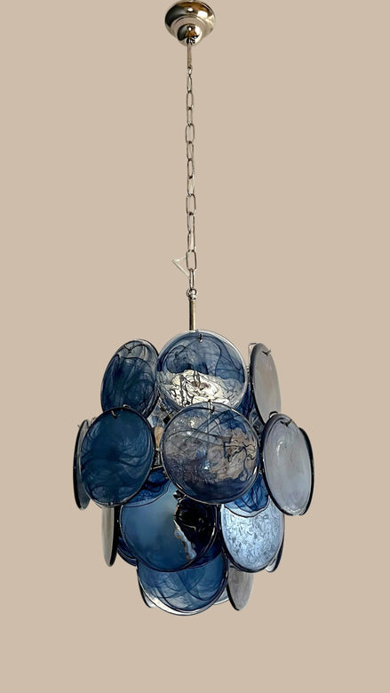 Slate Blue Alabaster Murano Glass Chandelier | 24 discs, in the manner of Vistosi, nickel frame
