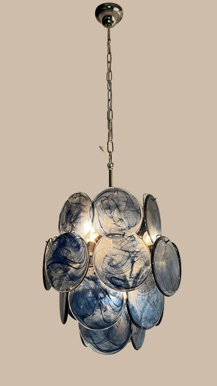Slate Blue Alabaster Murano Glass Chandelier | 24 discs, in the manner of Vistosi, nickel frame