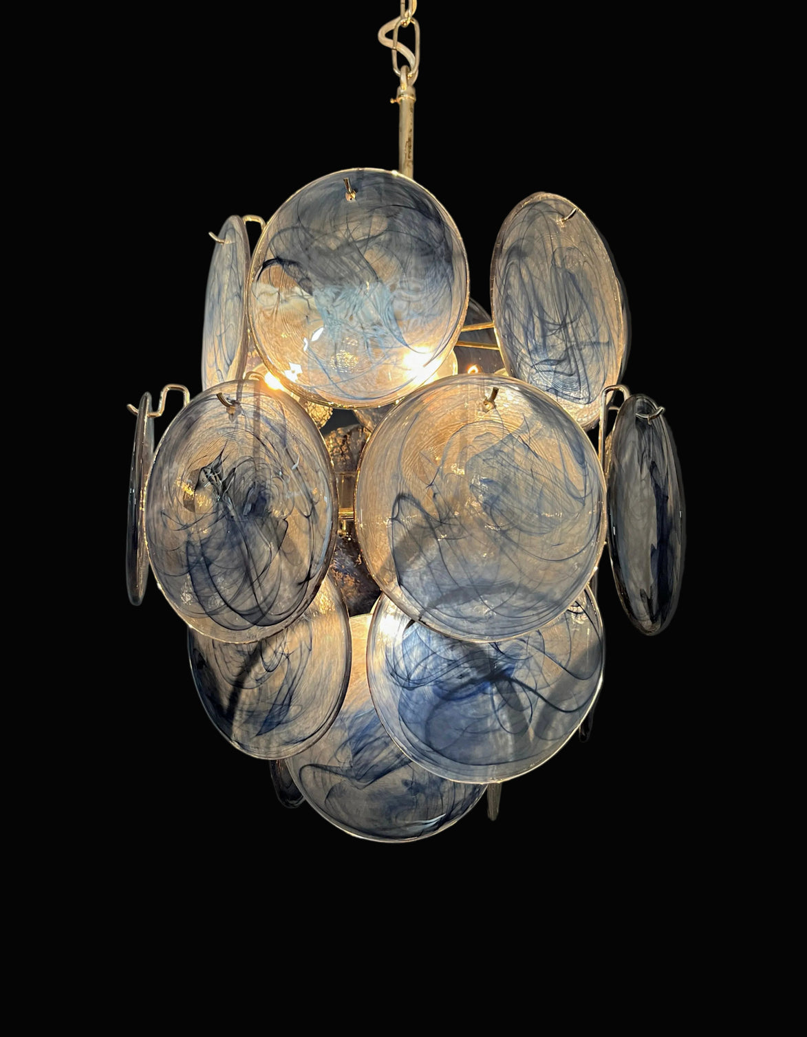 Slate Blue Alabaster Murano Glass Chandelier | 24 discs, in the manner of Vistosi, nickel frame