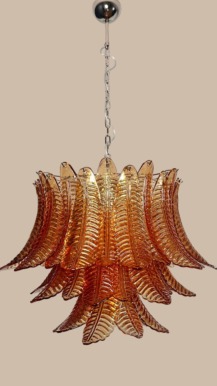 Lampadario grande in vetro di Murano ambrato con 48 vetri soffiati a mano