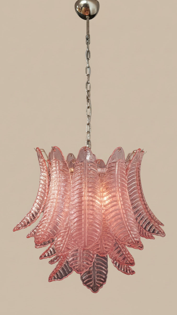Lampadario in vetro di Murano rosa con 36 vetri soffiati a mano