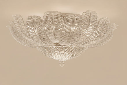 Italian glass ceiling light clear leaf panels flower form | gold and brass frame