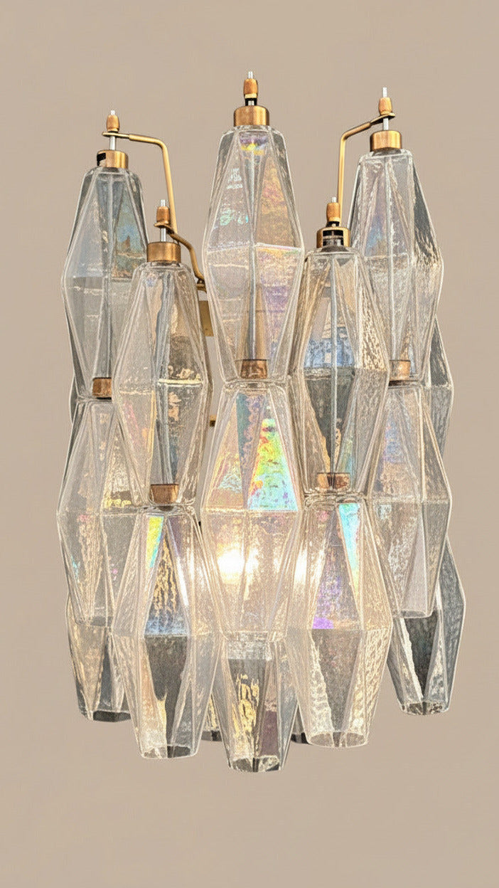 Applique da parete in vetro di Murano Poliedri iridescente | coppia, montatura in ottone e oro