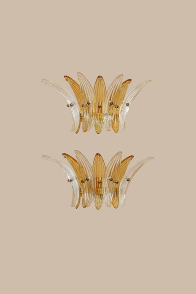 Applique da parete in vetro di Murano ambra e trasparente a palmata | coppia