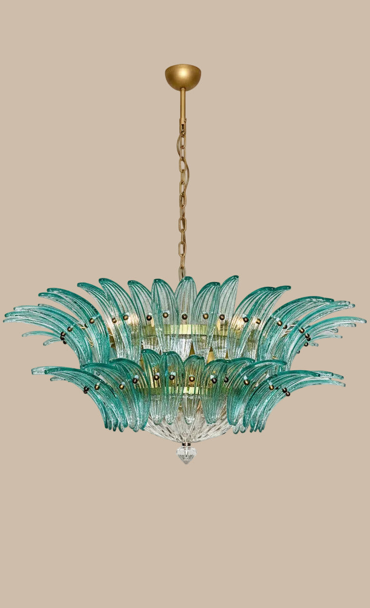 Turquoise Murano glass chandelier with 82 hand-blown glasses | palmette