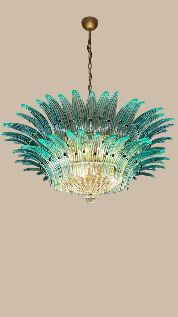 Turquoise Murano glass chandelier with 82 hand-blown glasses | palmette