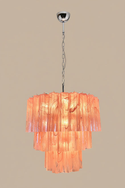 Pink Alabaster Murano Glass Chandelier | multi-tier sculptural design, nickel frame