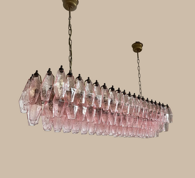 Lampadario in vetro di Murano "Poliedri" rosa, alla maniera di Carlo Scarpa
