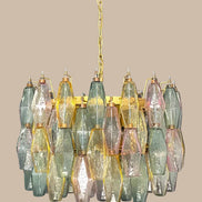 Multicolour Poliedri Murano Glass Chandelier | 71 elements, multi-tier concentric design, gold frame