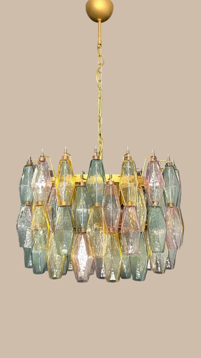 Multicolour Poliedri Murano Glass Chandelier | 71 elements, multi-tier concentric design, gold frame