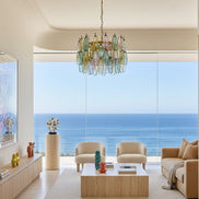 Multicolour Poliedri Murano Glass Chandelier | 71 elements, multi-tier concentric design, gold frame