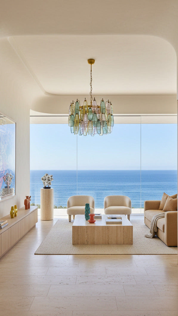 Multicolour Poliedri Murano Glass Chandelier | 71 elements, multi-tier concentric design, gold frame