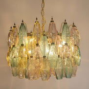 Multicolour Poliedri Murano Glass Chandelier | 71 elements, multi-tier concentric design, gold frame