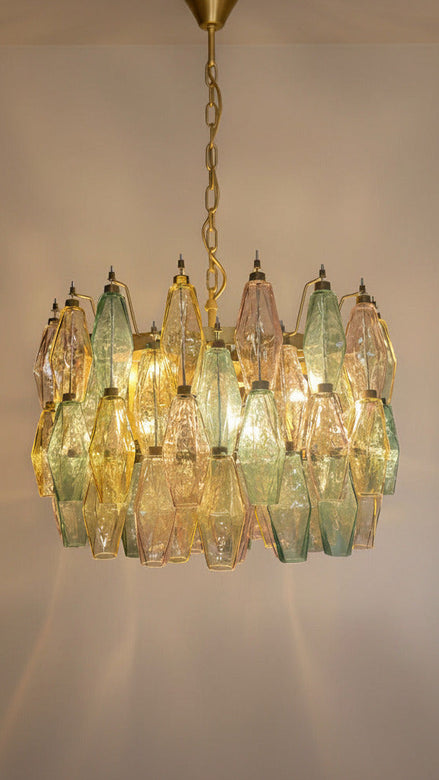 Multicolour Poliedri Murano Glass Chandelier | 71 elements, multi-tier concentric design, gold frame