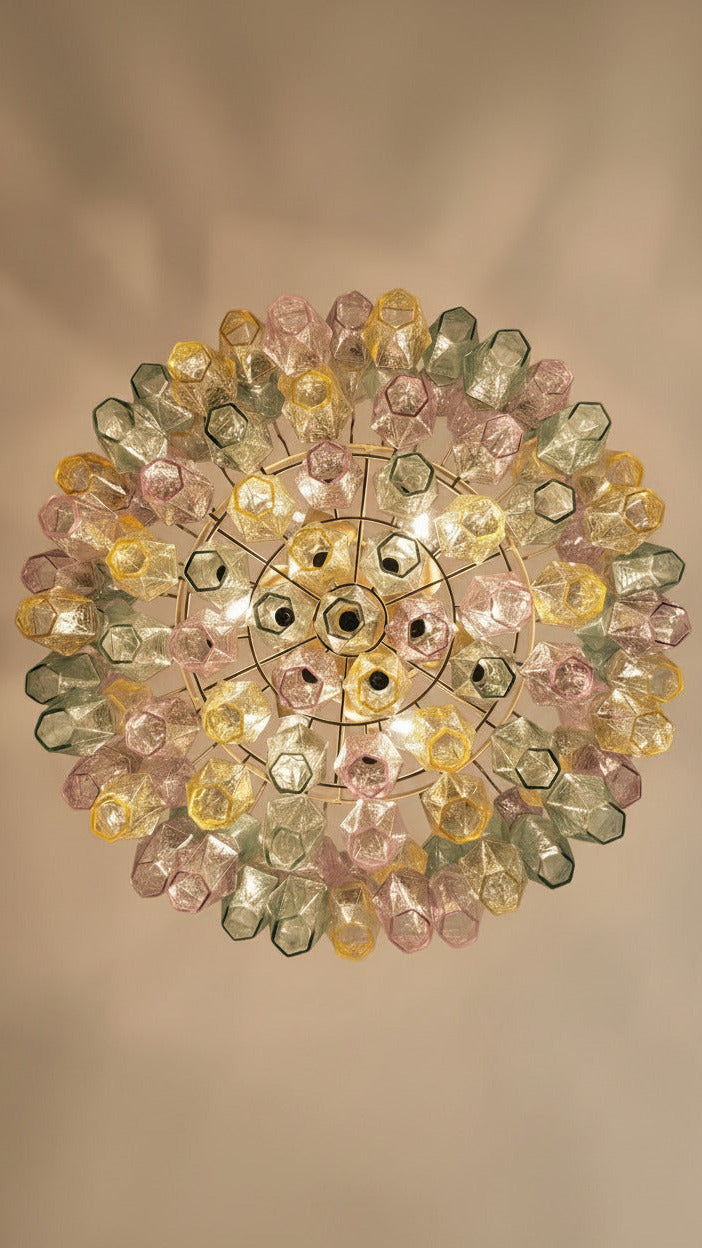 Multicolour Poliedri Murano Glass Chandelier | 71 elements, multi-tier concentric design, gold frame