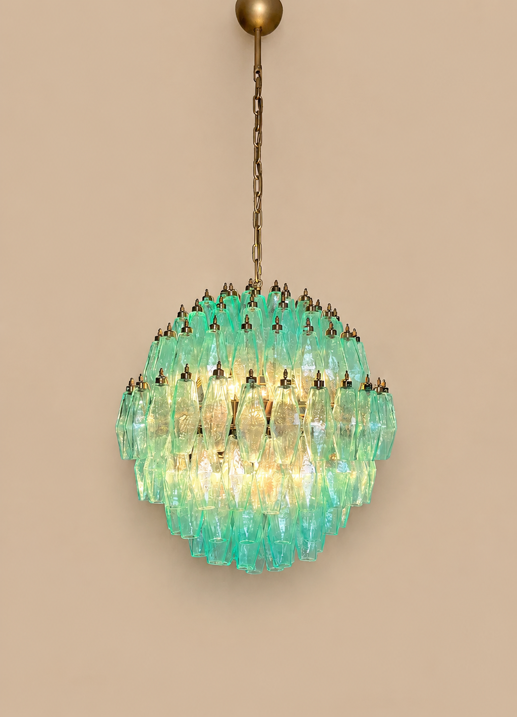 Lampadario Poliedri in vetro di Murano turchese a sfera | 140 elementi