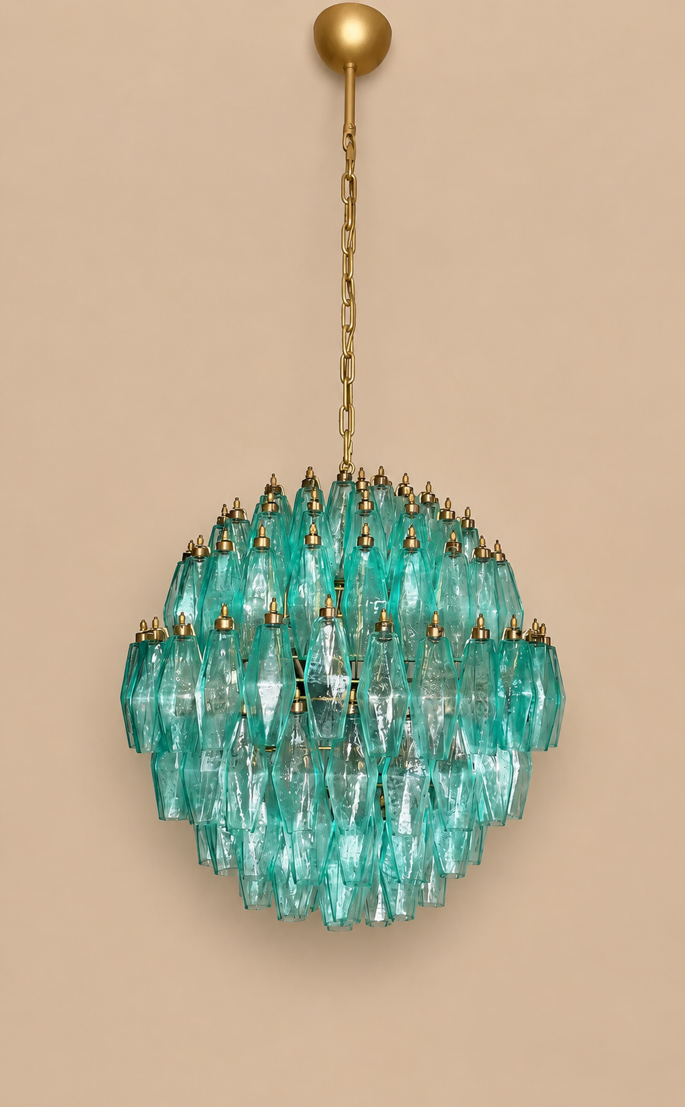 Lampadario Poliedri in vetro di Murano turchese a sfera | 140 elementi