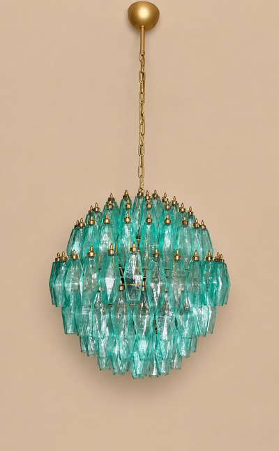 Lampadario Poliedri in vetro di Murano turchese a sfera | 140 elementi