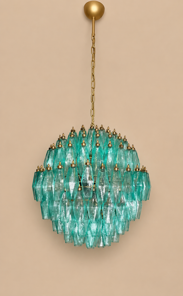 Lampadario Poliedri in vetro di Murano turchese a sfera | 140 elementi