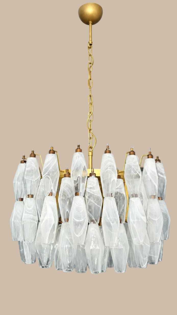 White Alabaster Poliedri Murano Glass Chandelier | 107 elements, gold frame