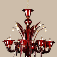 Ruby Red and Gold Murano Glass Chandelier|– sinuous arms, glass cups, drop pendants