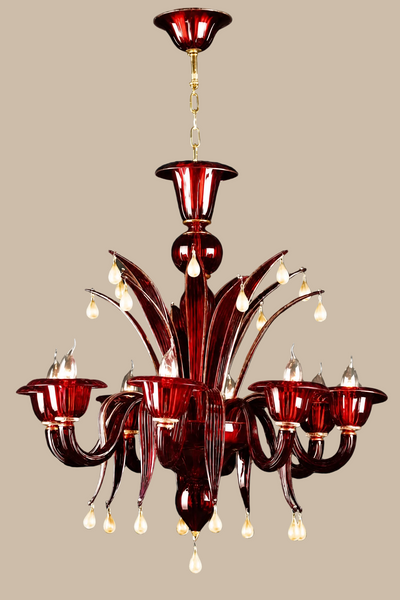 Ruby Red and Gold Murano Glass Chandelier|– sinuous arms, glass cups, drop pendants