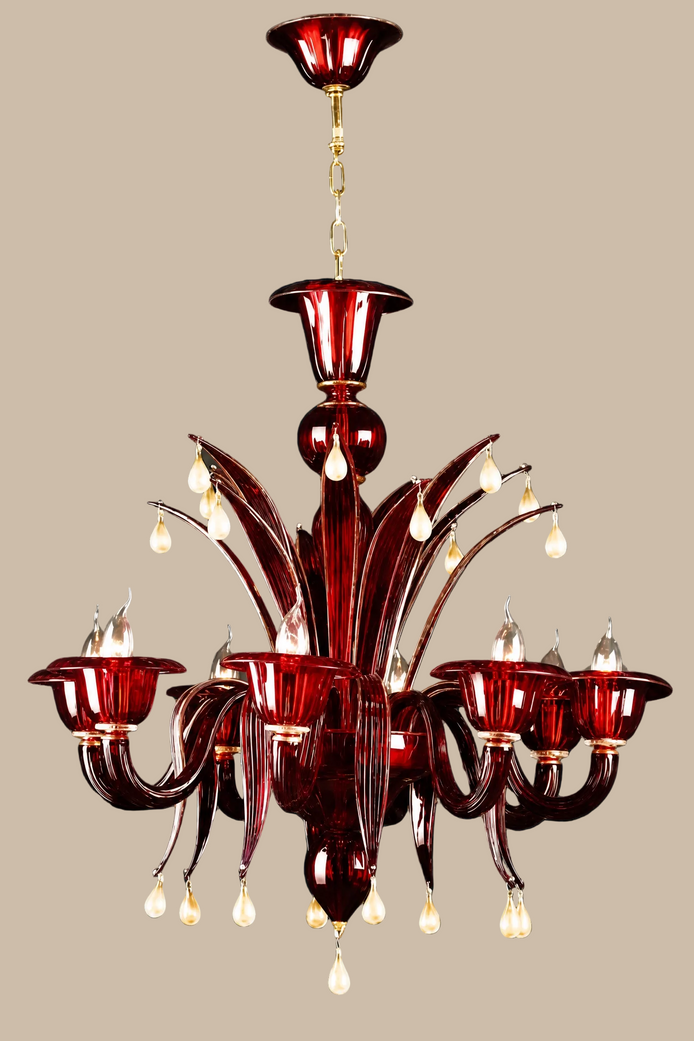 Ruby Red and Gold Murano Glass Chandelier|– sinuous arms, glass cups, drop pendants