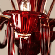 Ruby Red and Gold Murano Glass Chandelier|– sinuous arms, glass cups, drop pendants