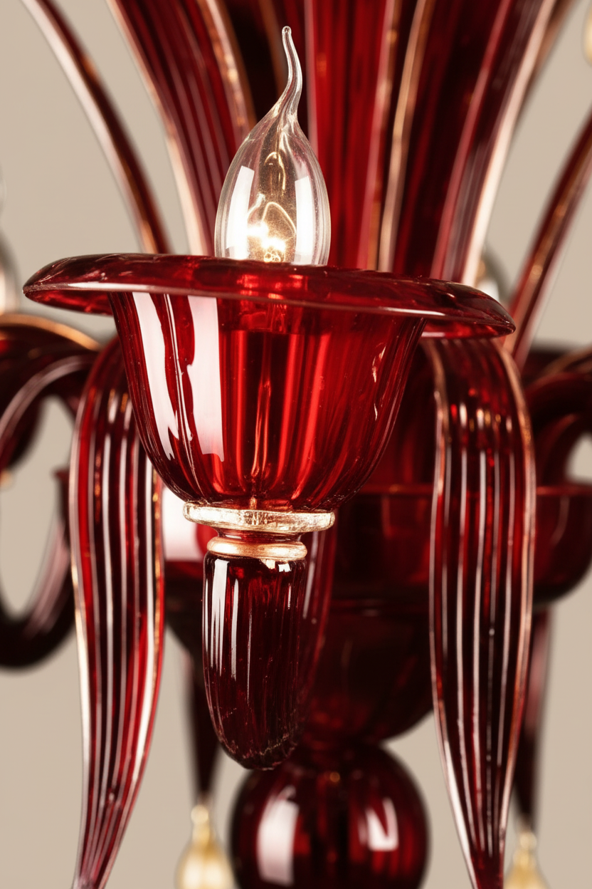 Ruby Red and Gold Murano Glass Chandelier|– sinuous arms, glass cups, drop pendants