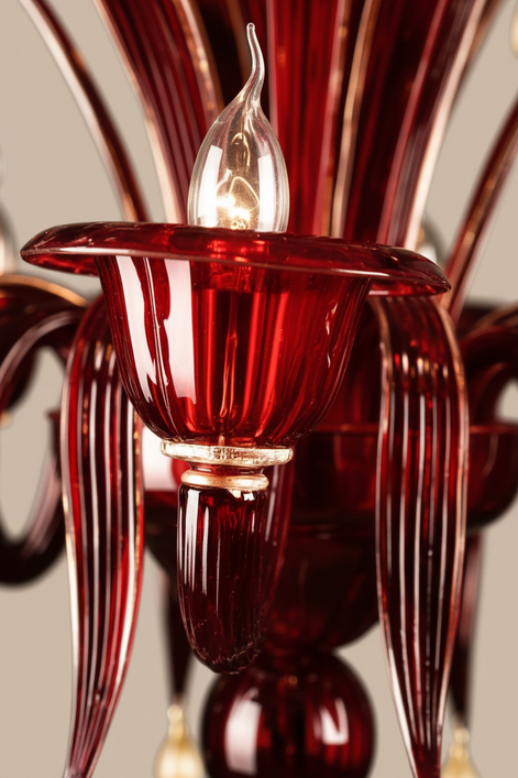Ruby Red and Gold Murano Glass Chandelier|– sinuous arms, glass cups, drop pendants